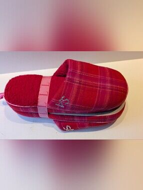 New! Victoria's Secret Hot Pink Plaid Slide Slippers with Rhinestones